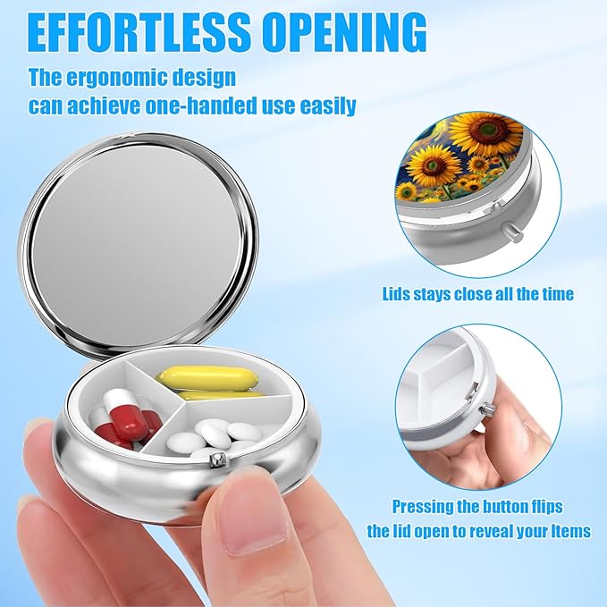 Starry Night Sunflower Pill Case, Flower Floral Pill Box 3 Compartments Metal Small Pill Holder with Mirror Mini Travel Pill Container for Purse Pocket Women Men