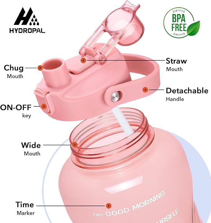 HydroPal 1 Gallon Water Bottles with Straw, 128 oz Water Bottle BPA Free Innovative 2-IN-1 Lid Gym Bottle with Times to Drink Motivational, Large for Sports Fitness Camping Water Jug （13.8X5.5 inch）