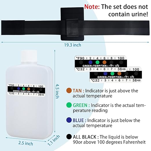 14 Pcs Urine Test Complete Kit Includes 2 Translucent Portable Travel Empty Bottles, 10 Adhesive Temperature Test Strips, Neoprene Bag and Hi-Stretch Hidden Leg Straps
