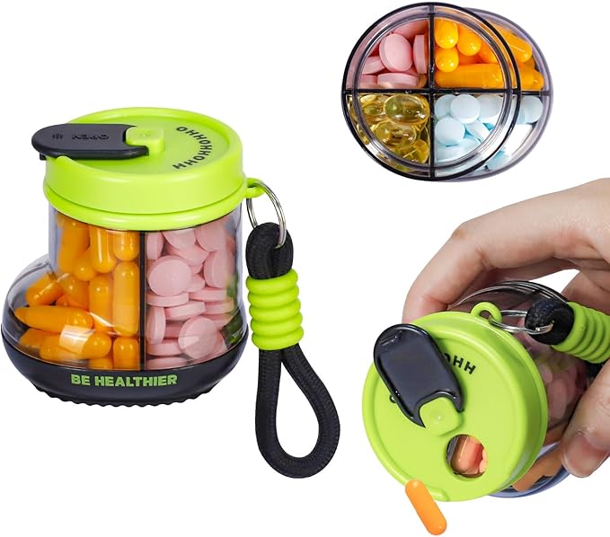 KIGI Travel Pill Organizer, Small Pill Dispenser with 4 Compartments, Portable Vitamins Organizer with Handle