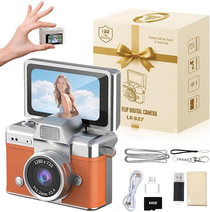 Vintage Mini Digital Camera Retro Mini Digital Video Keychain Camera Small Bodycam 1080P HD 0.96" IPS Screen Type-C 64G Card Included Portable for Photography Enthusiasts Travel (Orange)