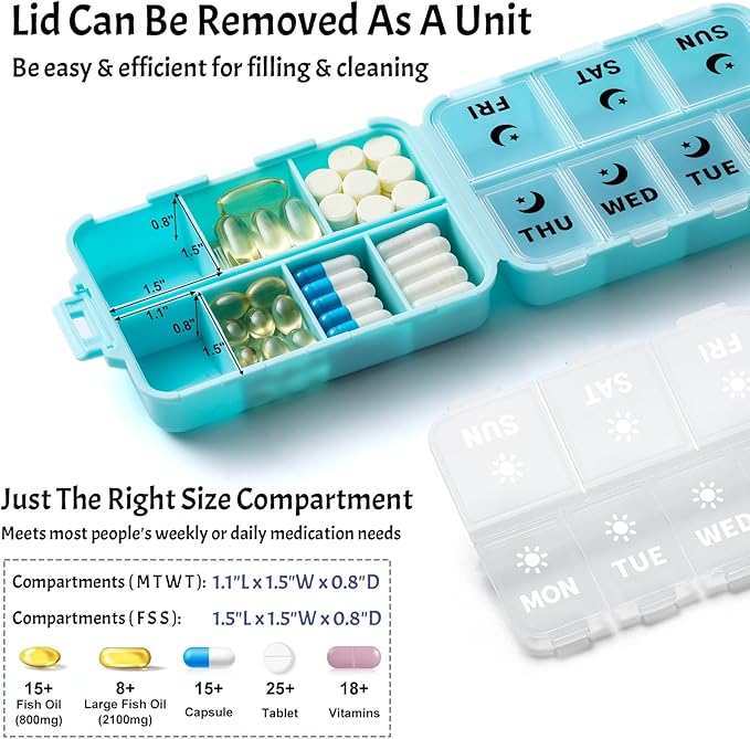 Foldable & Portable Weekly Pill Organizer 2 Times a Day with Clear Printed Labels - 7 Day AM PM Medicine Box, Week Daily Travel Pill Meds Case Holder for Medications, Vitamin, Supplement - SkyBlue