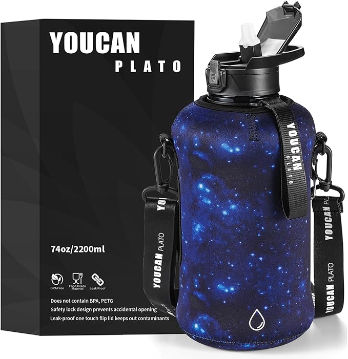 YOUCAN PLATO 74 oz Half Gallon Water Bottle with Sleeve-Large Water Bottle -Big Water Bottle-Gym Water Bottle with Straw- Gallon Water Jug with Handle -BPA Free- Leakproof, Workout bottle,Star Blue