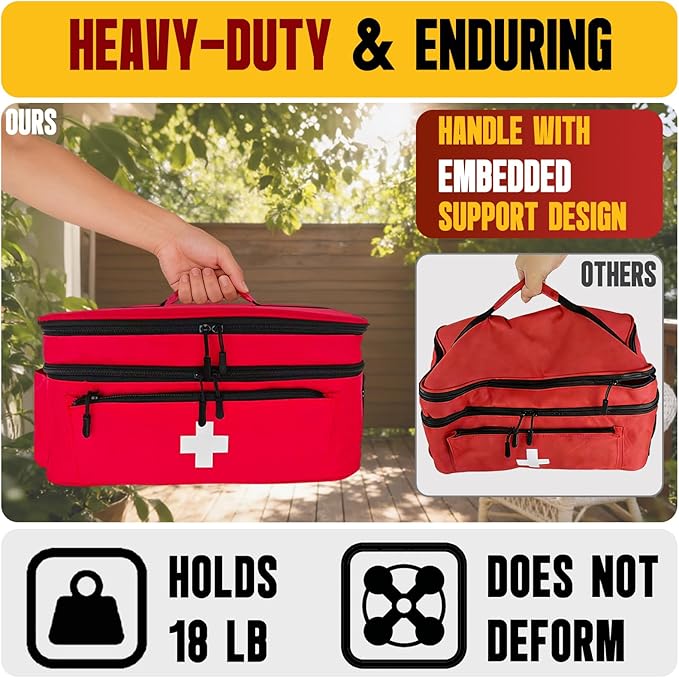 2-Layer First Aid Bag Empty 15¾”x 9½”x7” Medical Bag Red Pill Bottle Box Portable Emergency Bag for Outdoor Travel & Home Use, Medicine Kit Organizer Case with Shoulder Strap (Large)