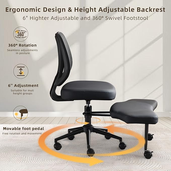 Ergonomic Cross Legged Office Chair with Lumbar Support & 360° Swivel Footrest for Meditation, Yoga, Home Office Work Criss Cross Desk Chair with Wheels, Adjustable Height for ADHD Desk