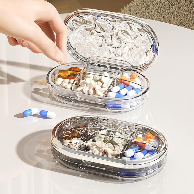 Stylish Pill Organizer Crytal Clear, Waterproof Pill Case for Daily Vitamins, Medicine, Supplements, Travel Pill Box, Cute, Portable with Elegant Design (6 Compartments)