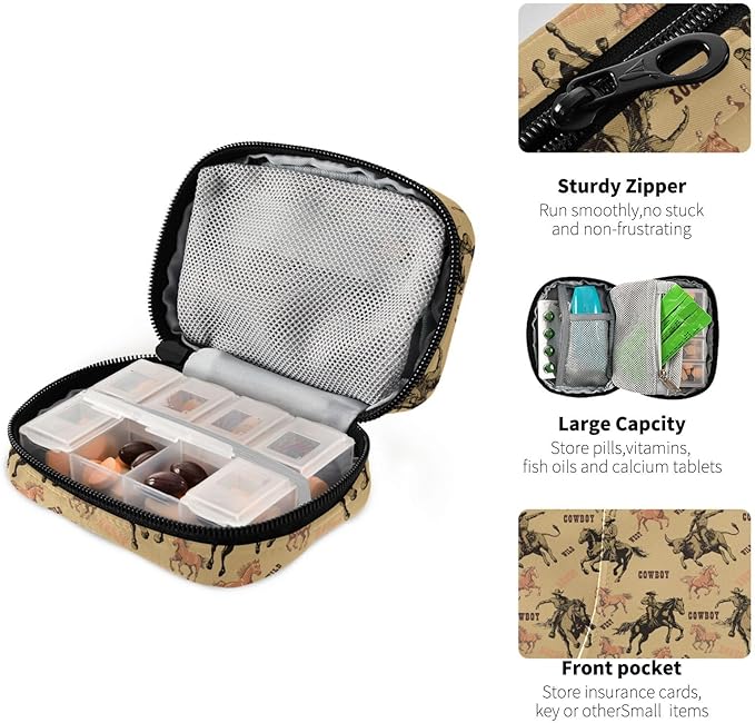 Western Cowboy Pill Box 7 Day Pill Case Travel Pill Organizer Bag with Zipper Portable Weekly Vitamin Medicine Supplement Holder Pouch Bag
