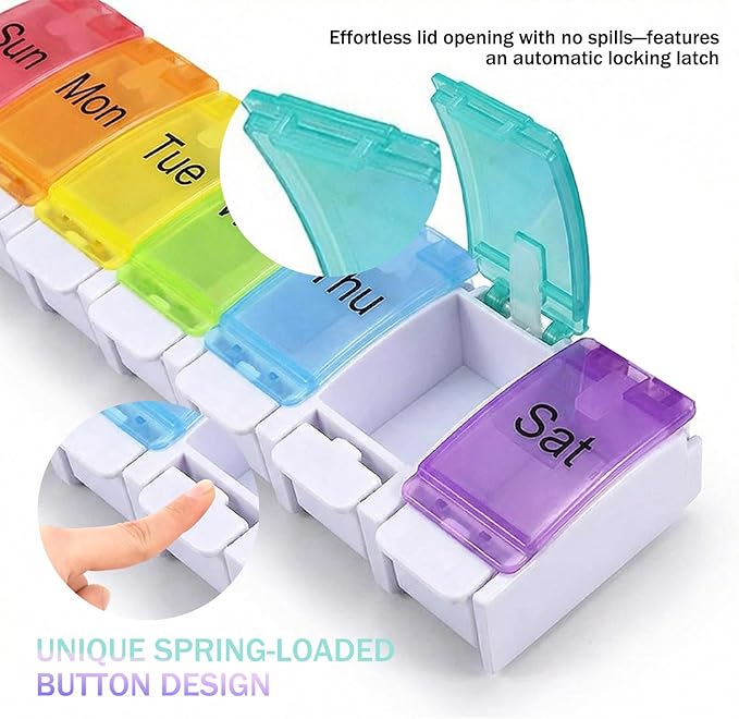 Weekly Pill Organizer,7 Day Pill Box with Push Buttons–Medicine Pill Case for Travel,Daily Vitamin Container,Medication&Supplement Holder,Cute Pill Organizer