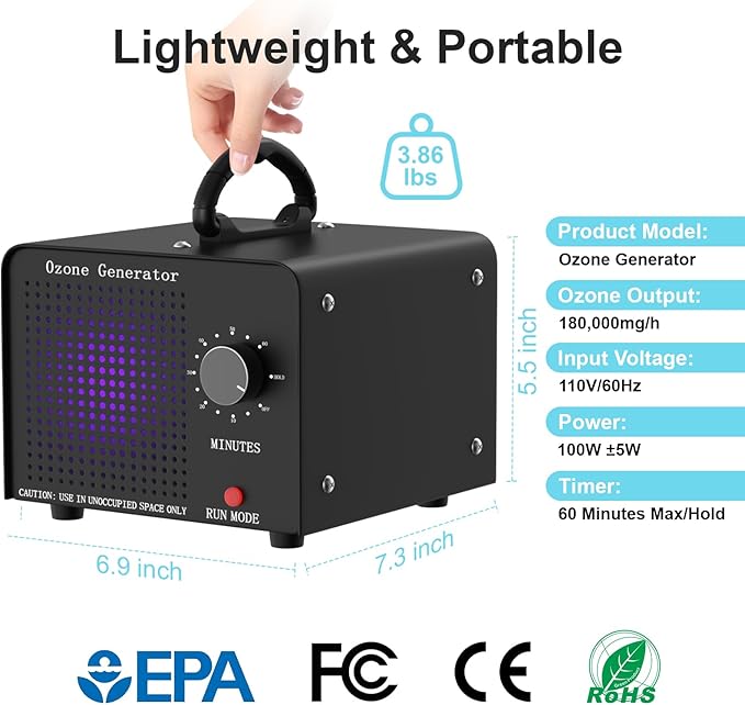 PROGRACE Ozone Generator 180,000mg/h - Commercial Ozone Machine Odor Removal - O3 Ionizer Air Purifier Deodorizer for Home, Car, Pets, Smoke, Basement, Office, Industrial Use up to 9500 Sq Ft, PRO