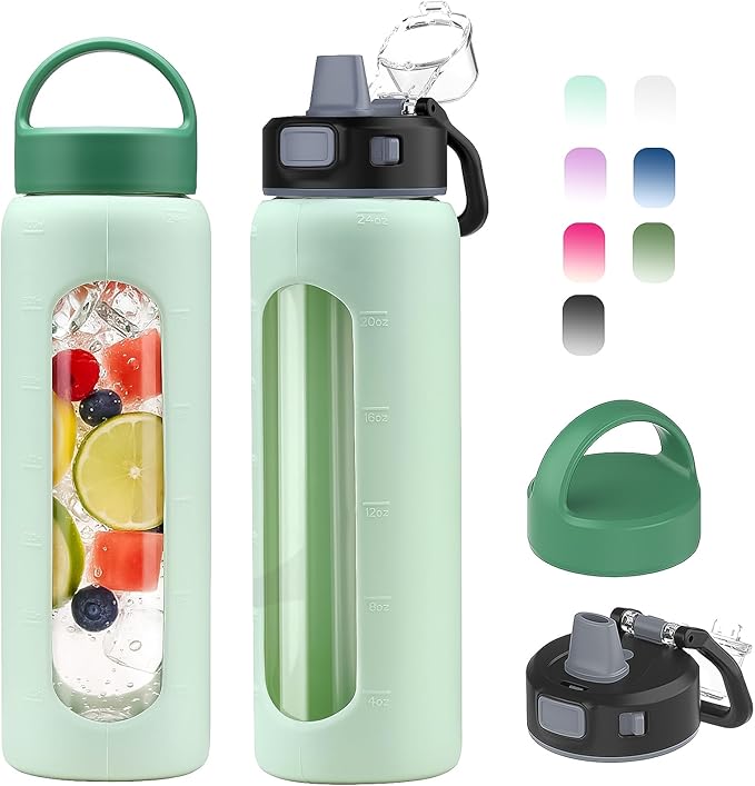 Kodrine 24oz Glass Water Bottle With Straw-2 lids-Reusable Daily Water Intake Glass Bottle with Measurements,Silicone Sleeve, Time Marker, Cupholder Friendly for Home,Gym,Sports-Green