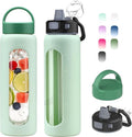 Kodrine 24oz Glass Water Bottle With Straw-2 lids-Reusable Daily Water Intake Glass Bottle with Measurements,Silicone Sleeve, Time Marker, Cupholder Friendly for Home,Gym,Sports-Green