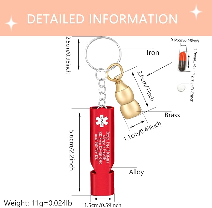Brass Gourd Pill Organizer Keychain with Red Emergency Whistle – Durable Waterproof Pill Storage Container Engraved with Type II Diabetes Info, Perfect for Travel, Sports, and Everyday Carry