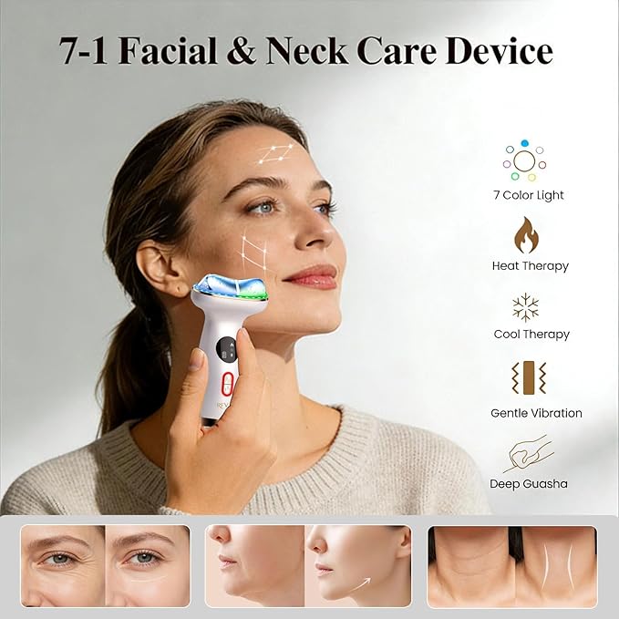 Cold Heat Facial Massager,7 Color Red Light Therapy Face Neck Lift Sculpt Device,Hot Electric Gua Sha Tool & Cooling Depuffing Wand,for Skin Care,Contouring,Firming