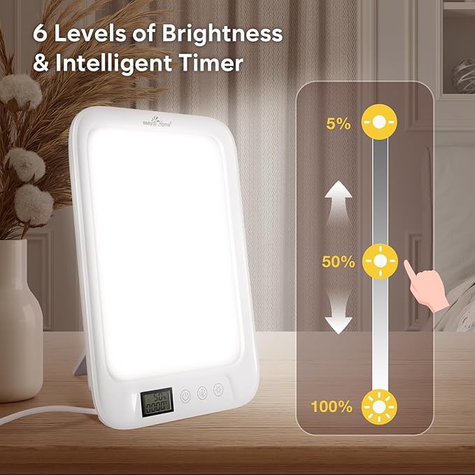 Easy@Home Light Therapy Lamp 10000 Lux: LED Light Therapy Energy Lamp UV-Free | Sun Lamp with 3 Color Adjustable Brightness Levels | Timer Memory Function ELT-492-WT