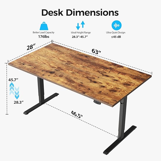 Agilestic Electric Standing Desk, 63 x 28 Inches Height Adjustable Desk, Sit Stand up for Work Office Home, Ergonomic Rising Computer Table with Memory Preset, Rustic Brown