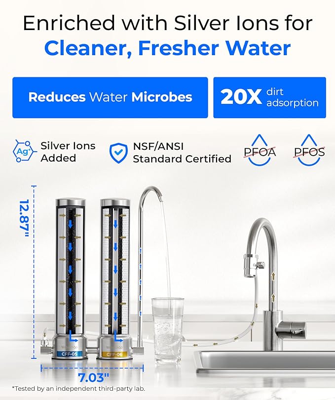 [Silver ions] Waterdrop Dual-Stage Countertop Water Filter System, Reduce Chlorine, PFOA/PFOS, Bad Taste & Odor, Silver Ions Enhanced Filtration, Stainless Steel, WD-CTF-09(2 Filters)