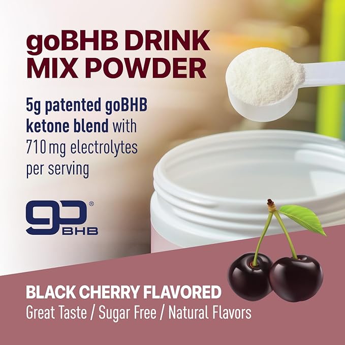 Real Ketones BHB Exogenous Ketones Energy Powder Sugar Free Electrolyte Powder with 4 Main Fasting Electrolytes & Hydrating Patented BHB Ketones for Energy & Focus (Black Cherry, 30 Servings)