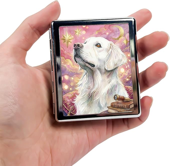 Metal 7 Day Pill Organizer, Weekly Pill Case 8 Compartments, Travel Pill Box for Purse & Pocket, Small Medicine & Vitamin Organizer, PP Dividers, Secure Clasp (Golden Retriever)