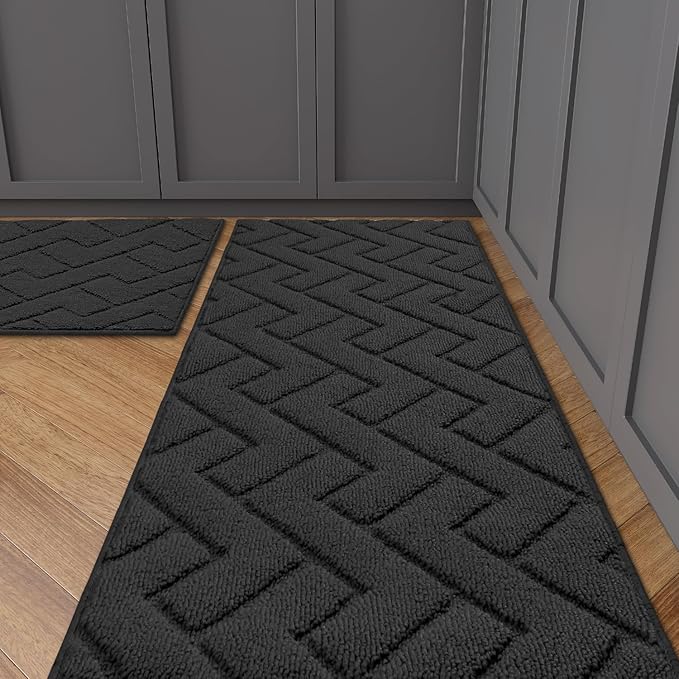 hicorfe Kitchen Rugs and Mats Sets,2 Pieces Super Absorbent Polypropylene Non-Slip Rug,Soft Comfort Floor Mat,Machine Wash for Kitchen,Hallway,Office,Sink,Laundry(20" x 32"+20" x 59",Charcoal)