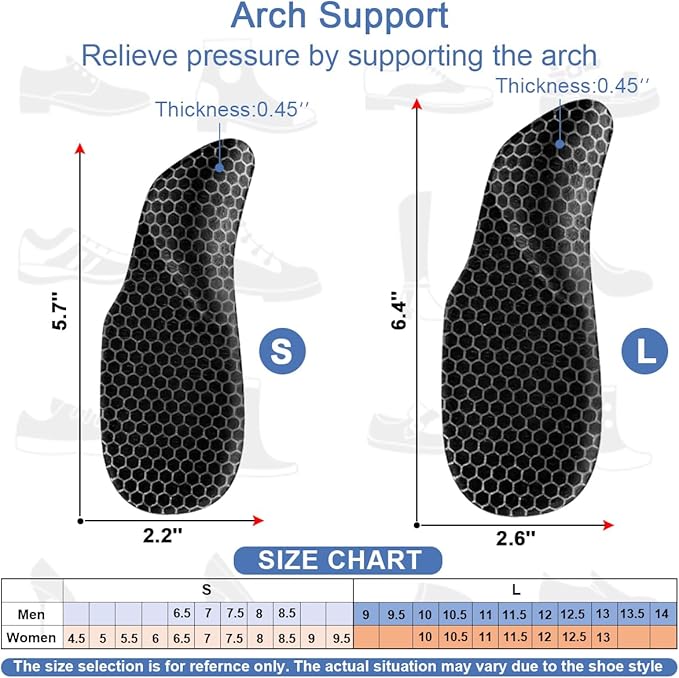 Dr.Foot Arch Support Shoe Inserts for Plantar Fasciitis Relief, Self-Adhesive Arch Pads Heel Cushion for Flats, Heel Pain, Gel Arch Insoles for Men and Women 2 Pairs (Black, Small)