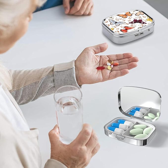 Pill Box-2 Compartment Small Pill Case Square Organizer Case with Mirror Portable Metal Medicine Box Travel Container for Pocket & Purse Women Men（Butterfly）