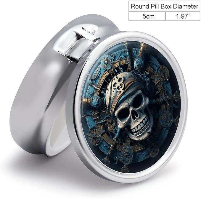 Skeleton Pirate-1 Pill Box Travel Pill Case for Purse Pocket Weekly Medicine Organizer with Mirror 3 Compartment Round Medicine Case Portable PillcaseHolder for Daily