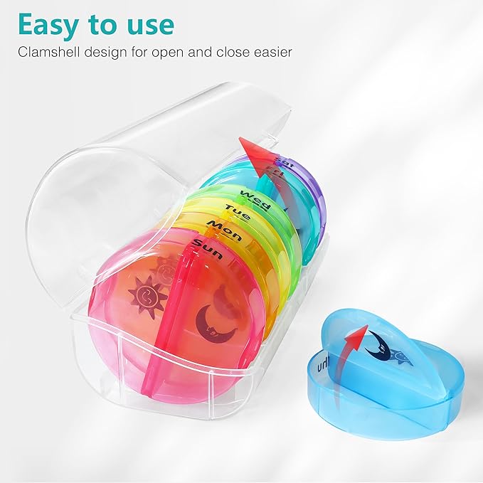 MOLN HYMY Portable Pill Organizer 2 Times a Day, Travel Friendly 7 Day Medicine Pill Box with Large AM PM Compartments for Medications/Vitamins/Fish Oil/Supplements (Rainbow+White Case)