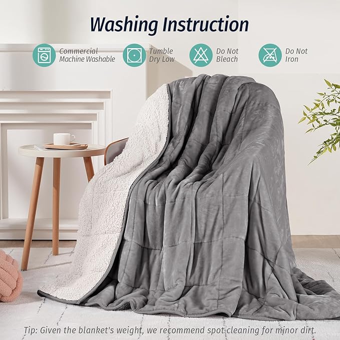 Wemore Sherpa Fleece Weighted Blanket for Adult, 15 lbs Dual Sided Cozy Fluffy Heavy Blanket, Ultra Fuzzy Throw Blanket with Soft Plush Flannel Top, 60 x 80 inches, Grey and White