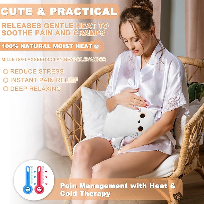 Microwave Heating Pad for Cramps Pain Relief, 16 * 12'' Moist Microwavable Period Menstrual Heating Pads for Cramps, Back, Neck Shoulder and Knee, Cute Stuffed Animal Heating Pad - White Cat