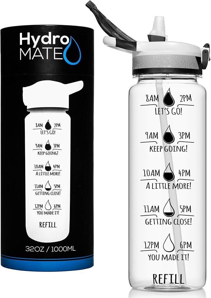 NatureWorks HydroMATE 32 oz Water Bottle with Time Markings Hourly BPA Free Reusable Leak Proof with Straw and Carrying Strap 1 Liter