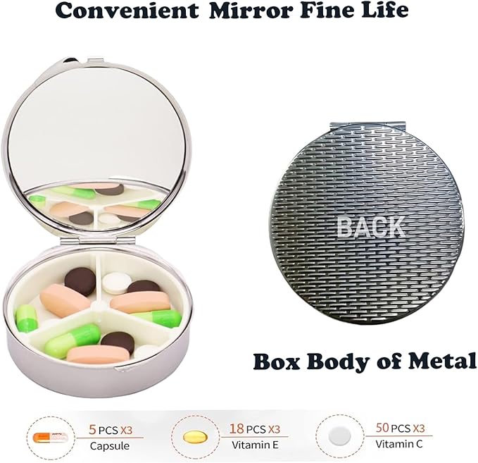 Small Pill Box 3 Detachable Compartments Pill Case with Mirror 2.4inches Pocket Round Medicine Organizer, Mini Portable Pill Organizer for Pocket Purse& Travel Convenience-Cute Black White Lovely Cat