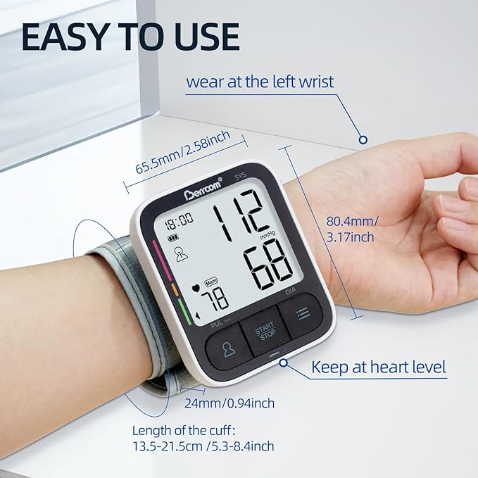 Berrcom Wrist Blood Pressure Monitor for Home Use, Automatic Digital BP Machine with Voice Broadcast, Large LCD Display, 2×120 Memory, Portable Case Included