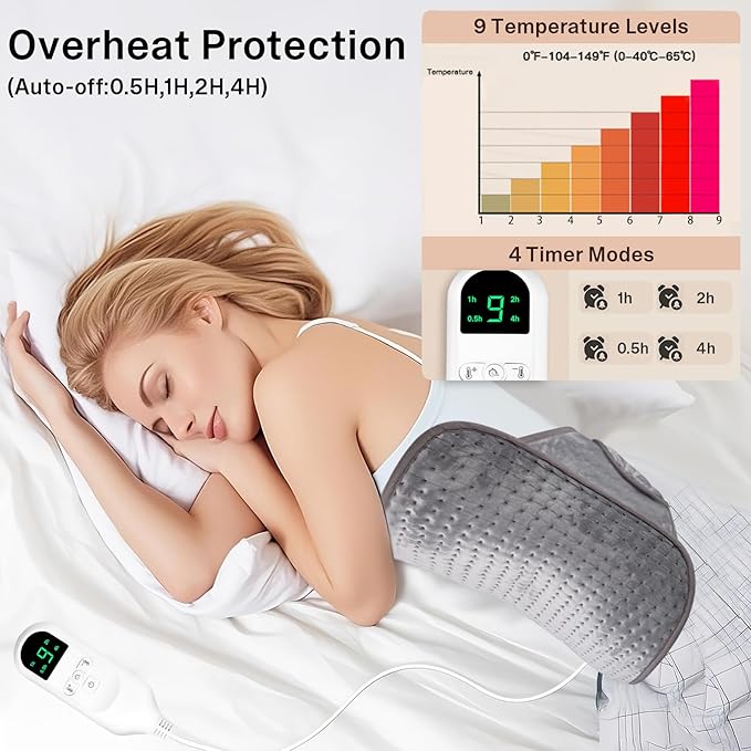 Extra Large Heating Pad for Period Cramps/Back Pain Relief,16 * 24" Heat Pad+27" Belt Wearable（51" in Total 4 Timer(0.5H/1H/2H/4H) 9 Heat 10ft Long Cord Electric Wrap Around Heating Pad(Gray)