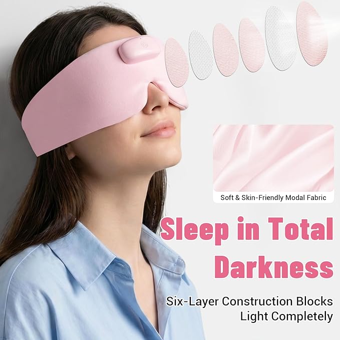 Heated Sleep Mask with Bluetooth Headphones, Cordless Rechargeable Heating Eye Mask with Adjustable Heart Timer Music, Washable Sleeping Mask with Bluetooth Headphones for Dry Eyes (Pink)