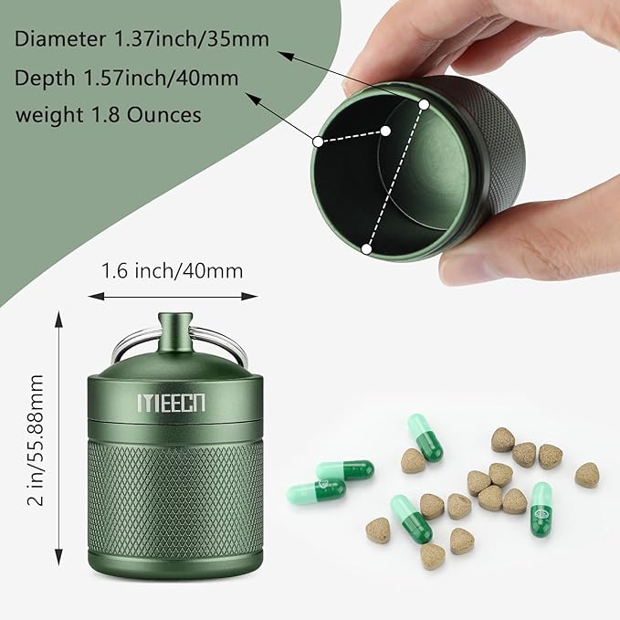 Keychain Pill Holder, Box, Aluminum, Waterproof Container, Pill Organizer for Outdoor Travel Camping，Size: 1.6 x 1.6 x 2 in (Green)
