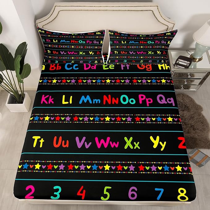 ABC Alphabet Bed Sheet Set Queen, Alphabet Numbers Fitted Sheet for Kids Educational Learning Bedding Set Learning Time Bed Cover with 2 Pillow Case (No Flat Sheet)