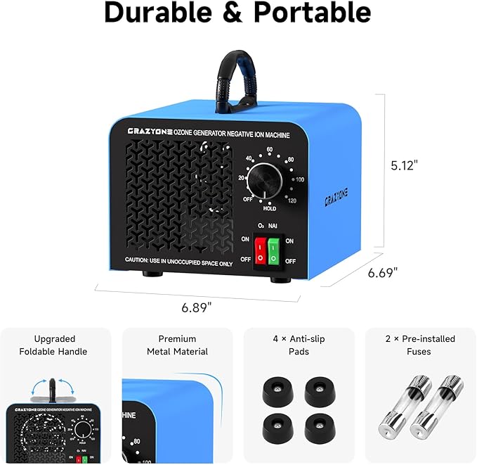 120,000mg/h Ozone Generator, High-Capacity Ozone Odor Eliminator with Negative Ion, Ozone Machine Odor Removal for Car, Home, Pets, Smoke, Commercial/Industrial Use - Covers Up to 6,000 Sq.Ft