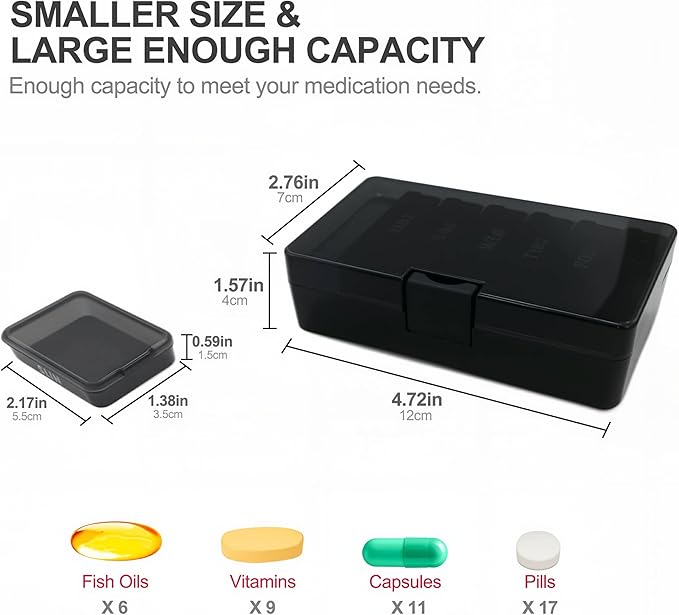 Weekly Pill Box Mini Storage Box, 7 Days Pill Case with Shell,Multi-Functional Clear Plastic Storage Containers Cute Travel Pill Organizer Case Portable for Pocket Purse Briefcase (Black) (Black)