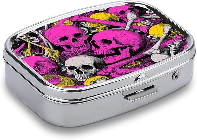 Metal Pill Organizer – 2-Compartment Pocket Pill Box for Vitamins, Supplements, Medications – Compact Travel Case (Psychedelic Neon Skull Chaos)