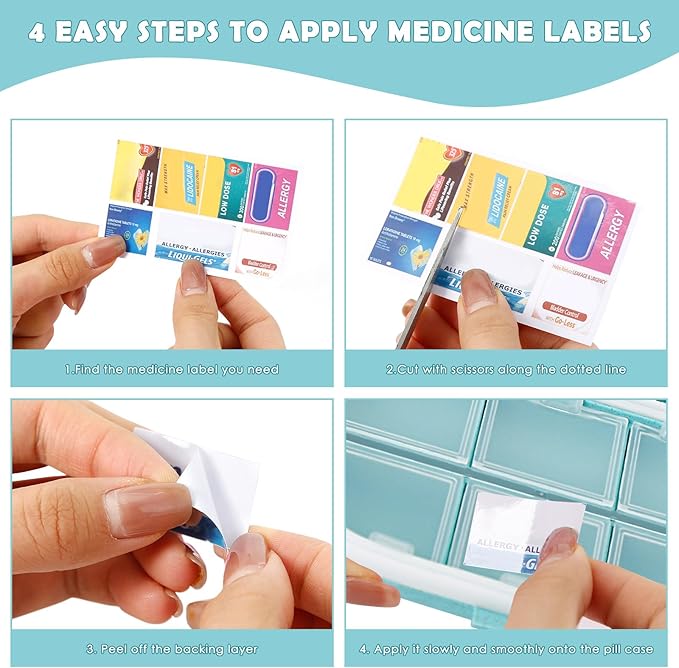 DIY Mini Pharmacy with Brand Labels, Dampproof Mini Travel Pill Organizer, Foldable Medication Storage 7 Day Pill Case, Blue