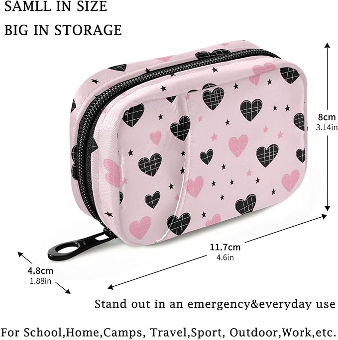 Fustylead Cute Pink and Black Heart with Grid Design Travel Pill Organizer Bag with Zipper Small Pill Box 7 Day Pill Case for Purse Storage Weekly Vitamin Medicine Supplement