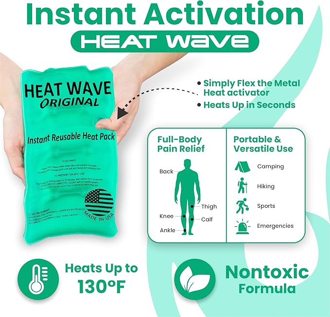 HEAT WAVE Instant Heat Packs Medium (5×9”)- Medical Grade Reusable Green 2-Pack Fast and HOT - Made in USA for Muscle Aches, Back, Arm, Shoulder, Pain Relief, Warmth on The Go; Heating Pad Click Heat