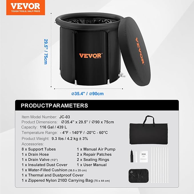 VEVOR Ice Bath Tub, Cold Water Therapy Plunge Tub for Athlete, Portable Outdoor Ice Barrel Plunge Pool for Recovery, 98 Gal Inflatable Folding Bathtub with Cover, Home Ice Pod for Adult, 35.4"Lx30"H