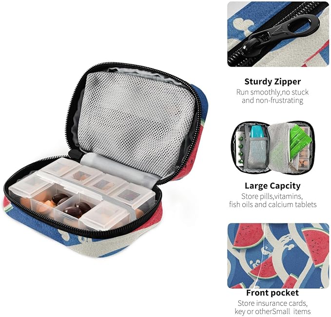Bright Blue Waves Watermelon Slices Travel Pill Organizer Case Box Container Weekly Portable Vitamin Medicine Holder Storage Bag with Zipper Removable