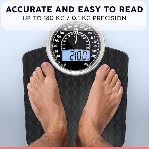 Adamson Hybrid 2-in-1 Analog & Digital Weighing Scale for Body Weight up to 400lbs + Thick Tempered Glass + Extra Large Display + Easy to Read Digital Bathroom Scale + New Version - Black Diamond