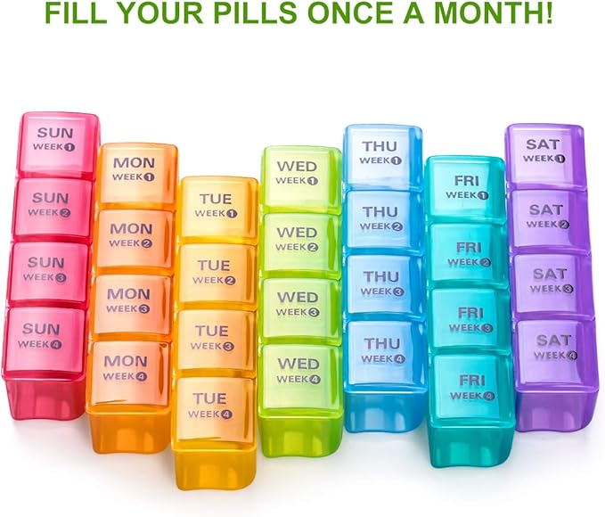 Sukuos Monthly Pill Organizer 28 Day, Large Moisture-Resistant Pill Box Cases with Dust-Proof Box and Clear Lid for Vitamin/Fish Oil/Supplements, Easy to Open and Clean