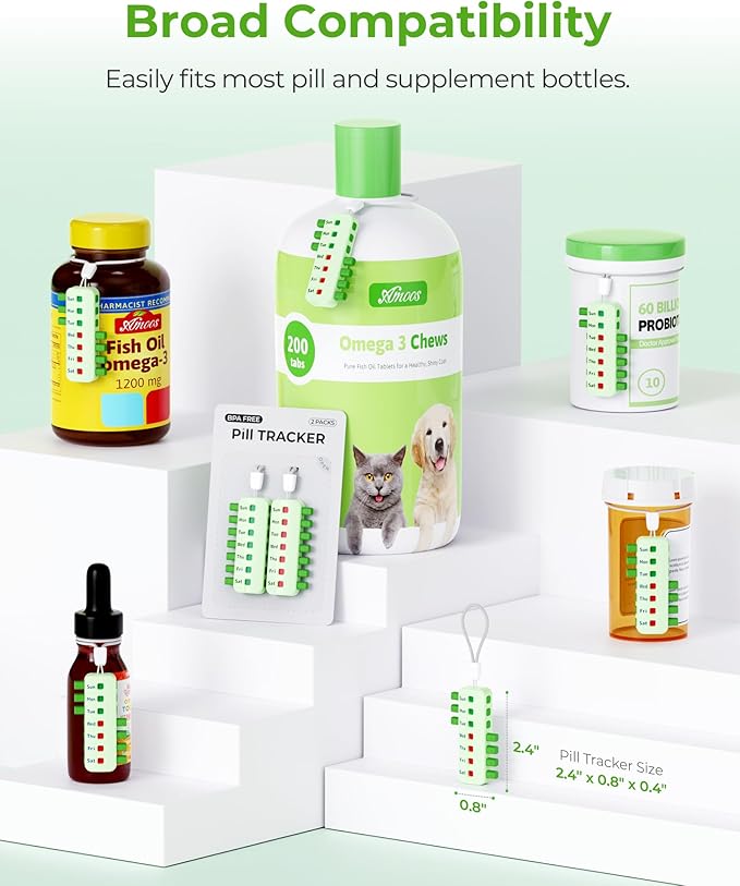 Pill Reminder for Easy Tracking Without Refills, Reusable Pill Tracker for Vairous Bottles, Arthritis-Friendly & Anti-Slide Medication Tracker, Compact Medicine Reminder for Pet Meds, Green, 2-Pack