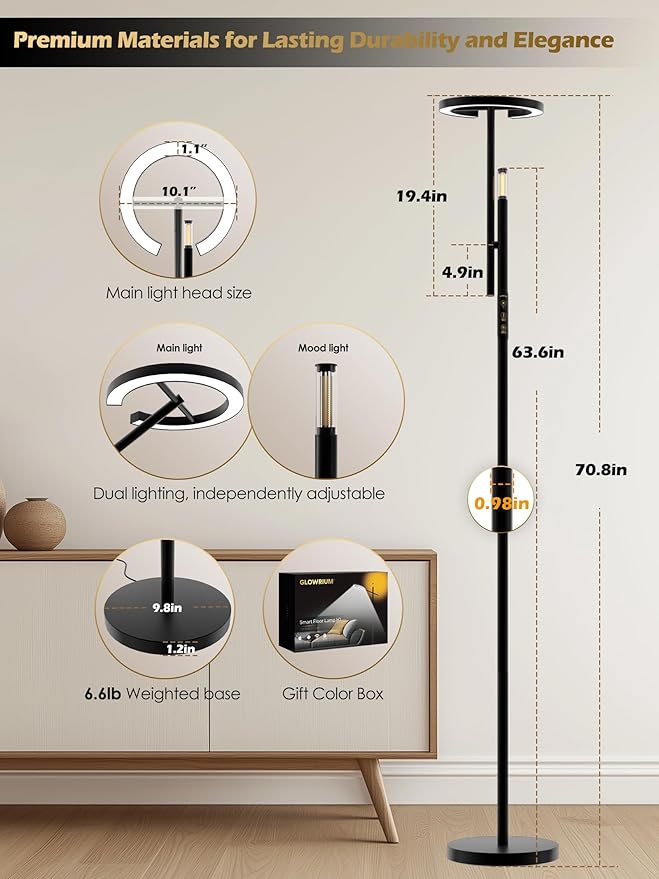 10000 Lux Light Therapy Lamp, LED UV-Free Sunlight Lamp, Smart Floor Lamp with Remote & App Control, Stepless Adjustable Brightness & Color Temps, Happy Lamp Light Therapy, Full Spectrum Sun Lamp