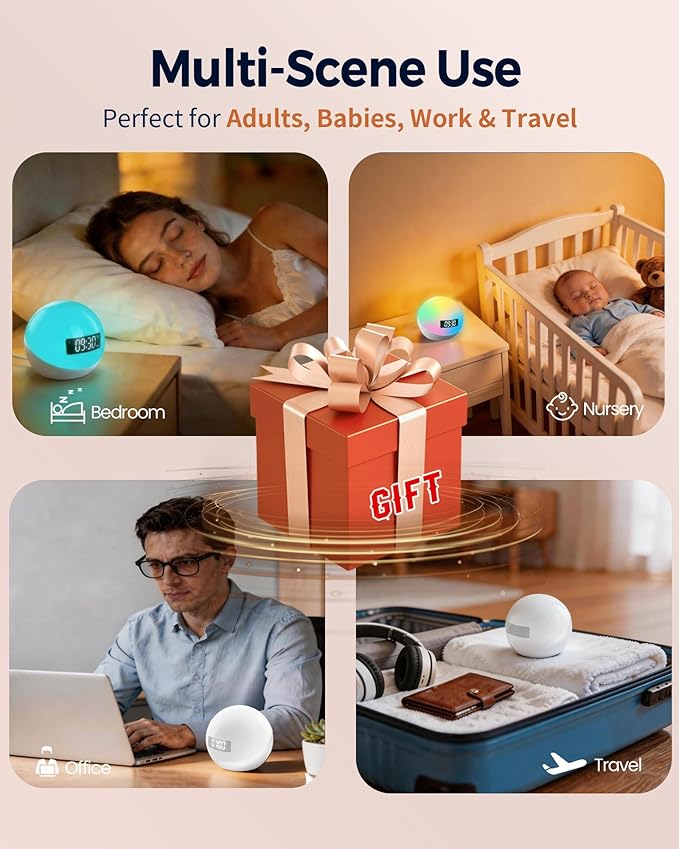 White Noise Machine with Sunrise Alarm Clock, 44 Non-Looping Soothing Sound Machine for Sleep, 10-Color Night Light with App & Timer, Noise Machines Gifts for Kids Baby Adults Home Office Travel
