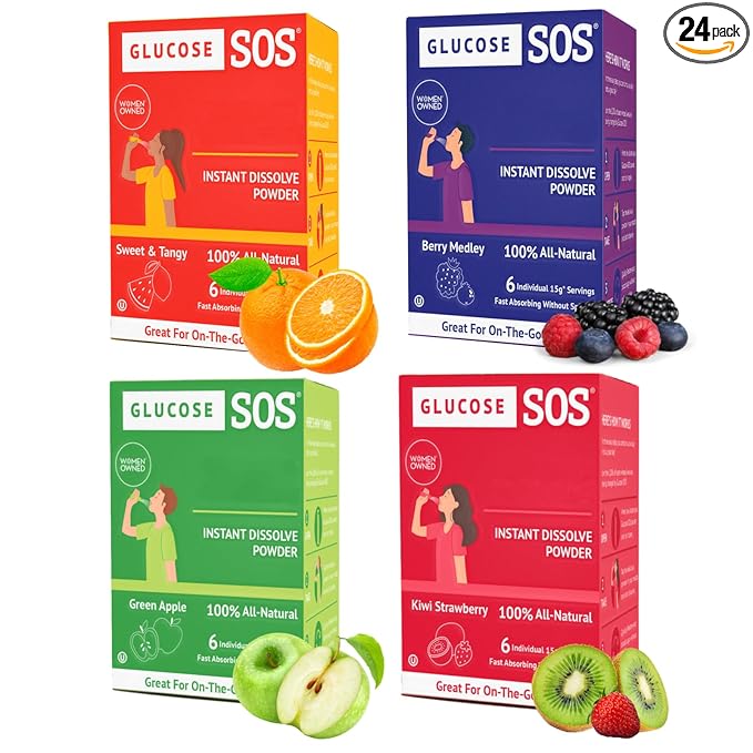 Glucose SOS Glucose Packets with Natural Dextrose, Fast-Absorption That Instantly Dissolves in Your Mouth with No Water Needed, 4 Flavor Variety 24 Servings